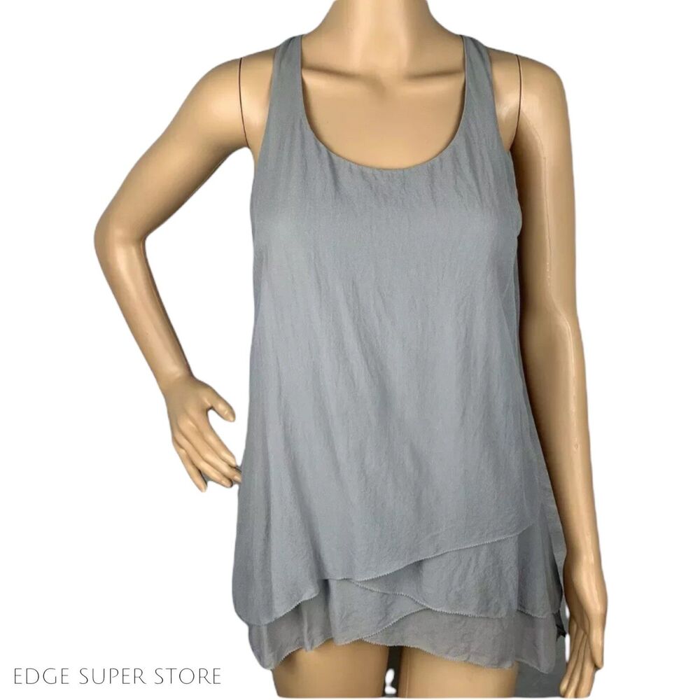 Club Monaco Ruffle Layered Light Gray Sleeveless Silk Tank Blouse Top XSmall